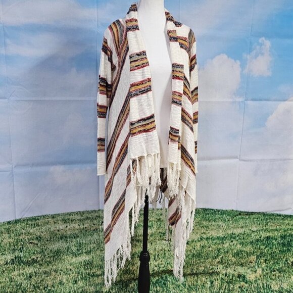 ESCIO | WATERFALL FRONT, FRINGE BOTTOM STRIPED LIGHTWEIGHT CARDIGAN - Picture 3 of 16